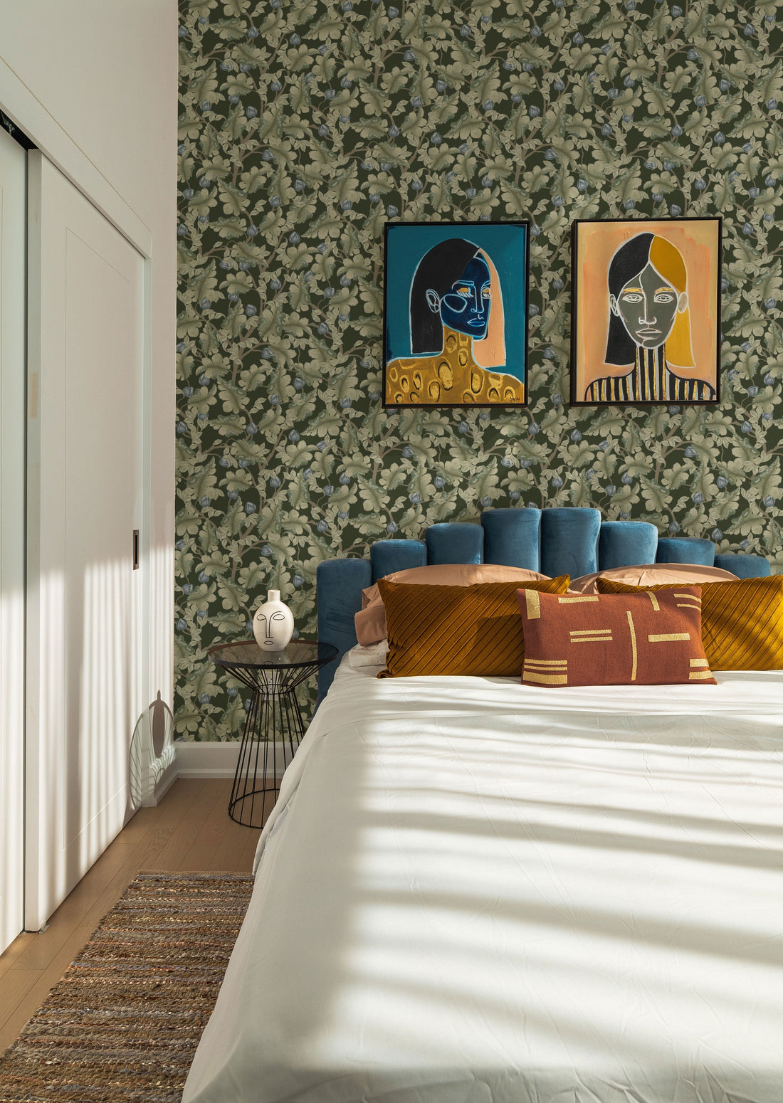 Ranunculus Floral Wallpaper - Green & Blue - Summer Gray
