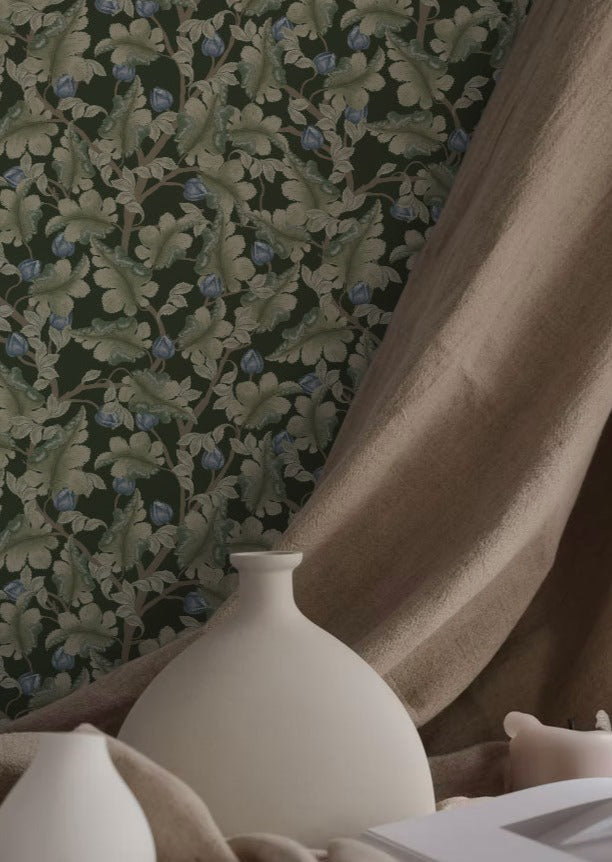 Ranunculus Floral Wallpaper - Green & Blue - Summer Gray
