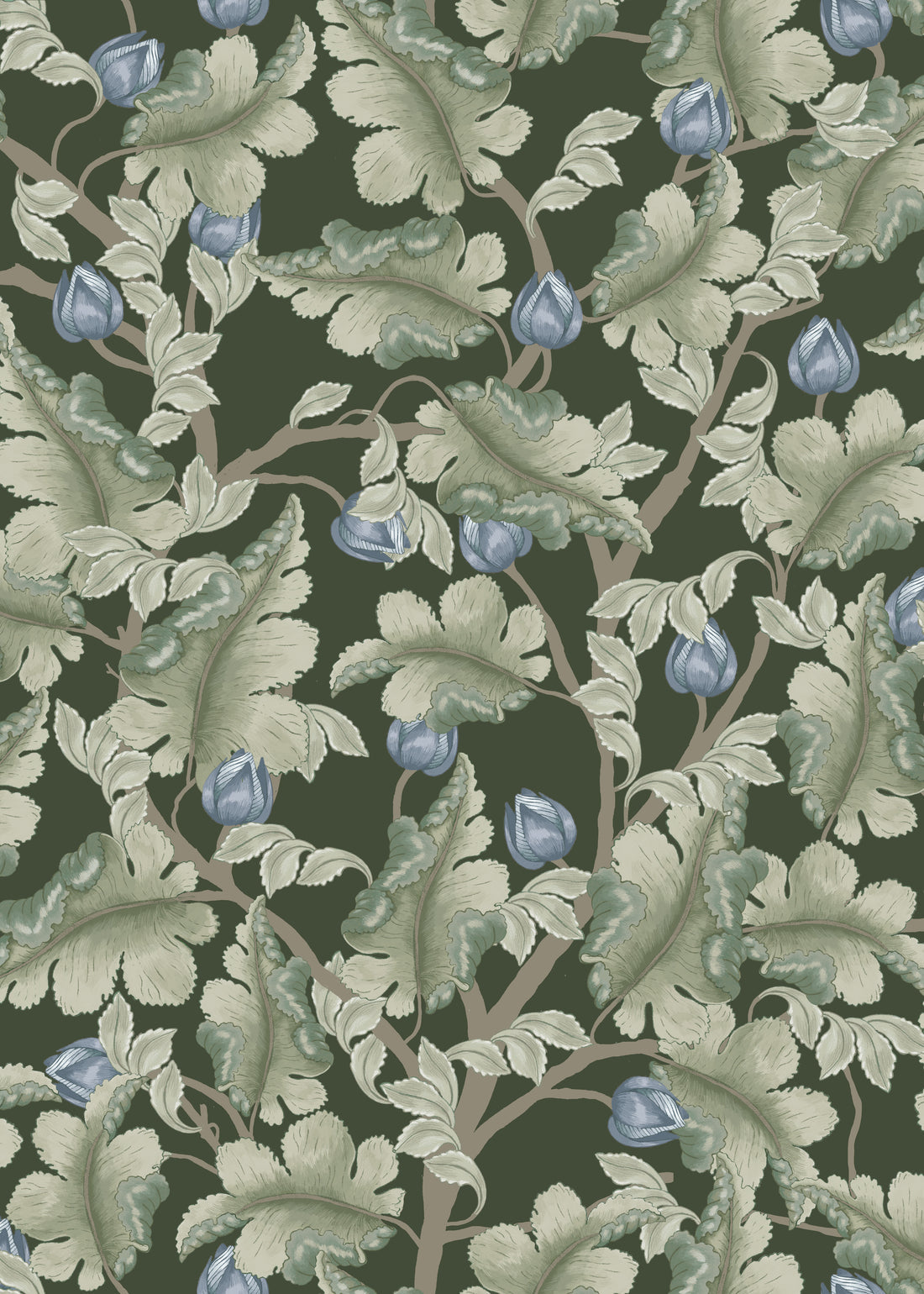 Ranunculus Floral Wallpaper - Green & Blue - Summer Gray
