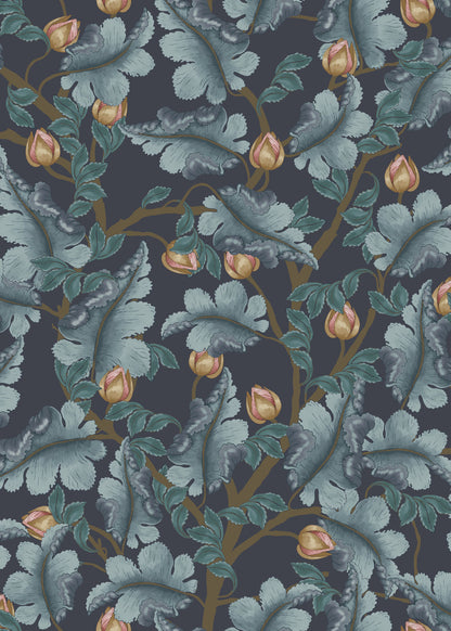 Ranunculus Floral Wallpaper - Midnight Blue - Summer Gray
