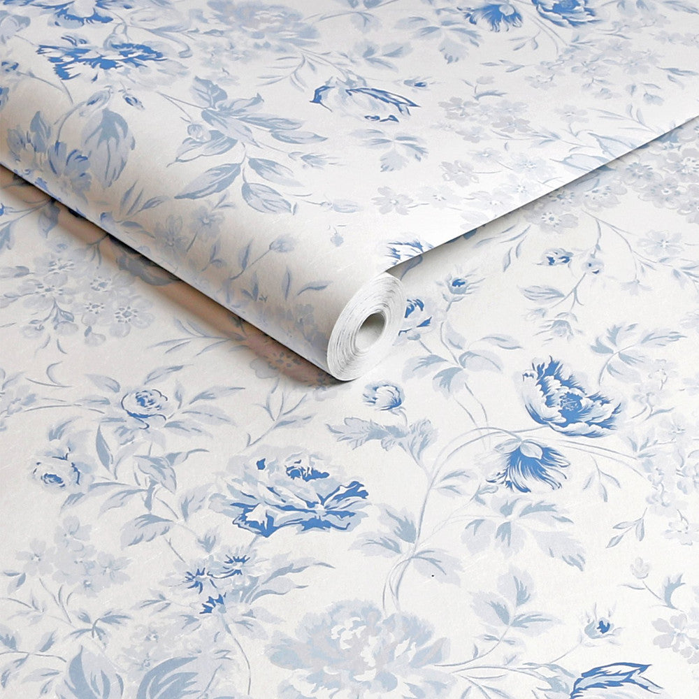 Romantic Rose Wallpaper - Blue - Shabby Chic