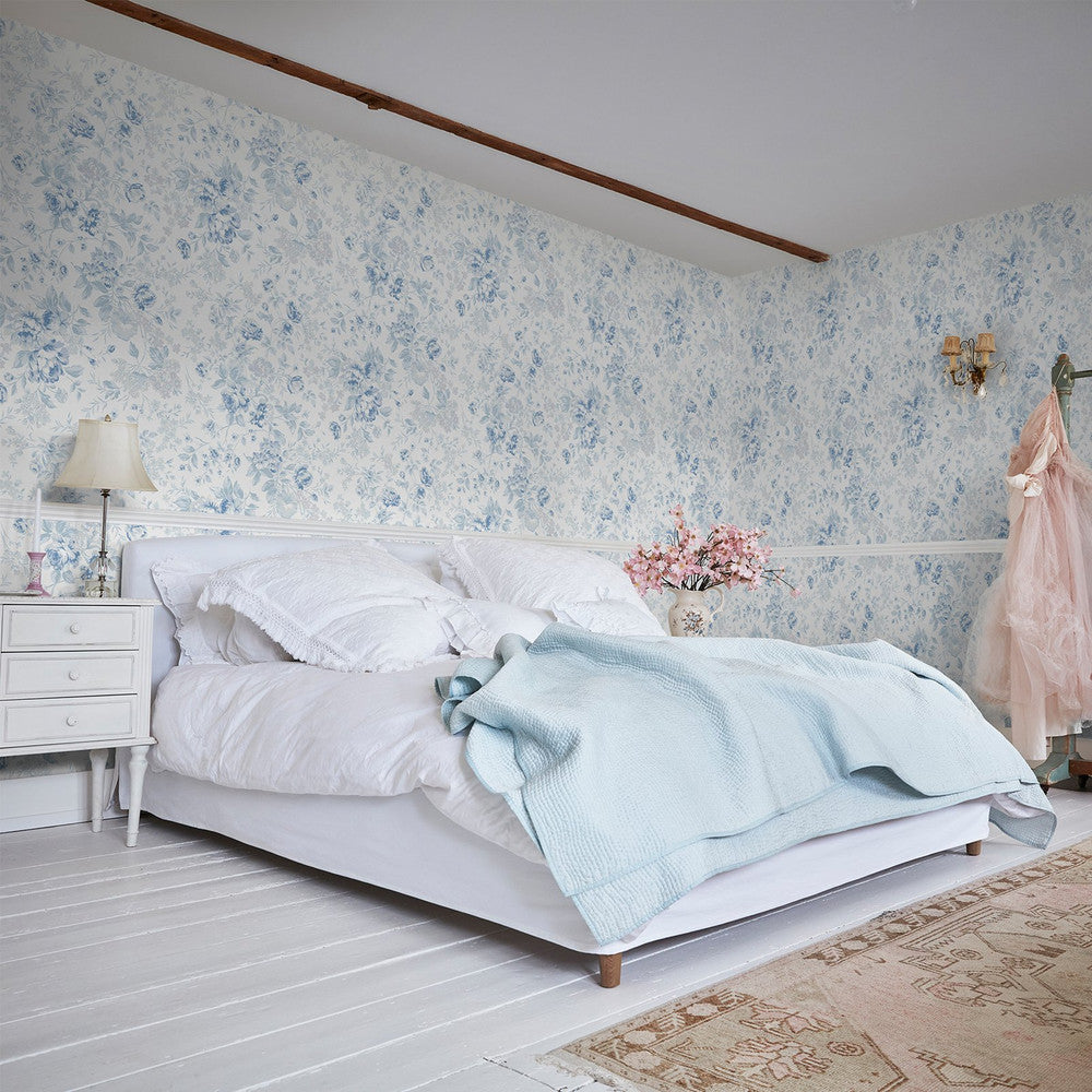 Romantic Rose Wallpaper - Blue - Shabby Chic