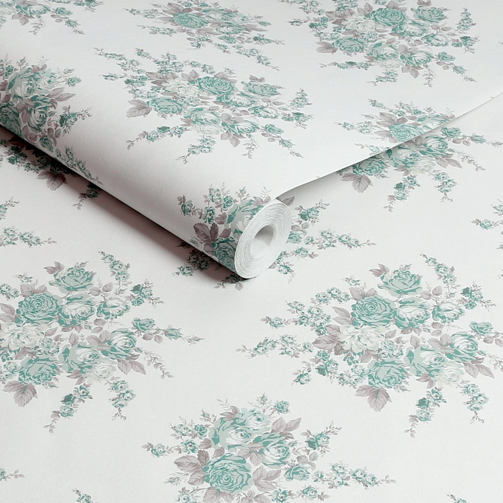 Rose Blossom Wallpaper - Teal - Shabby Chic