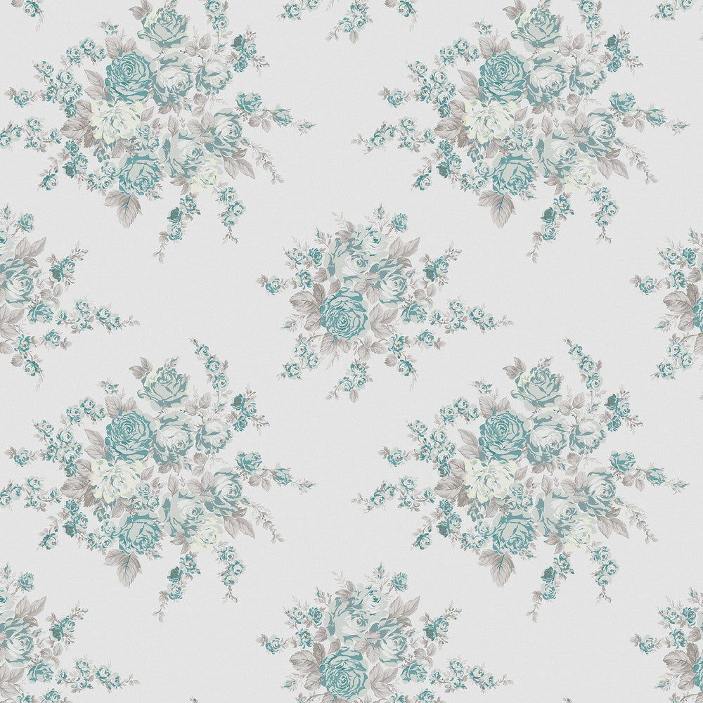 Rose Blossom Wallpaper - Teal - Shabby Chic