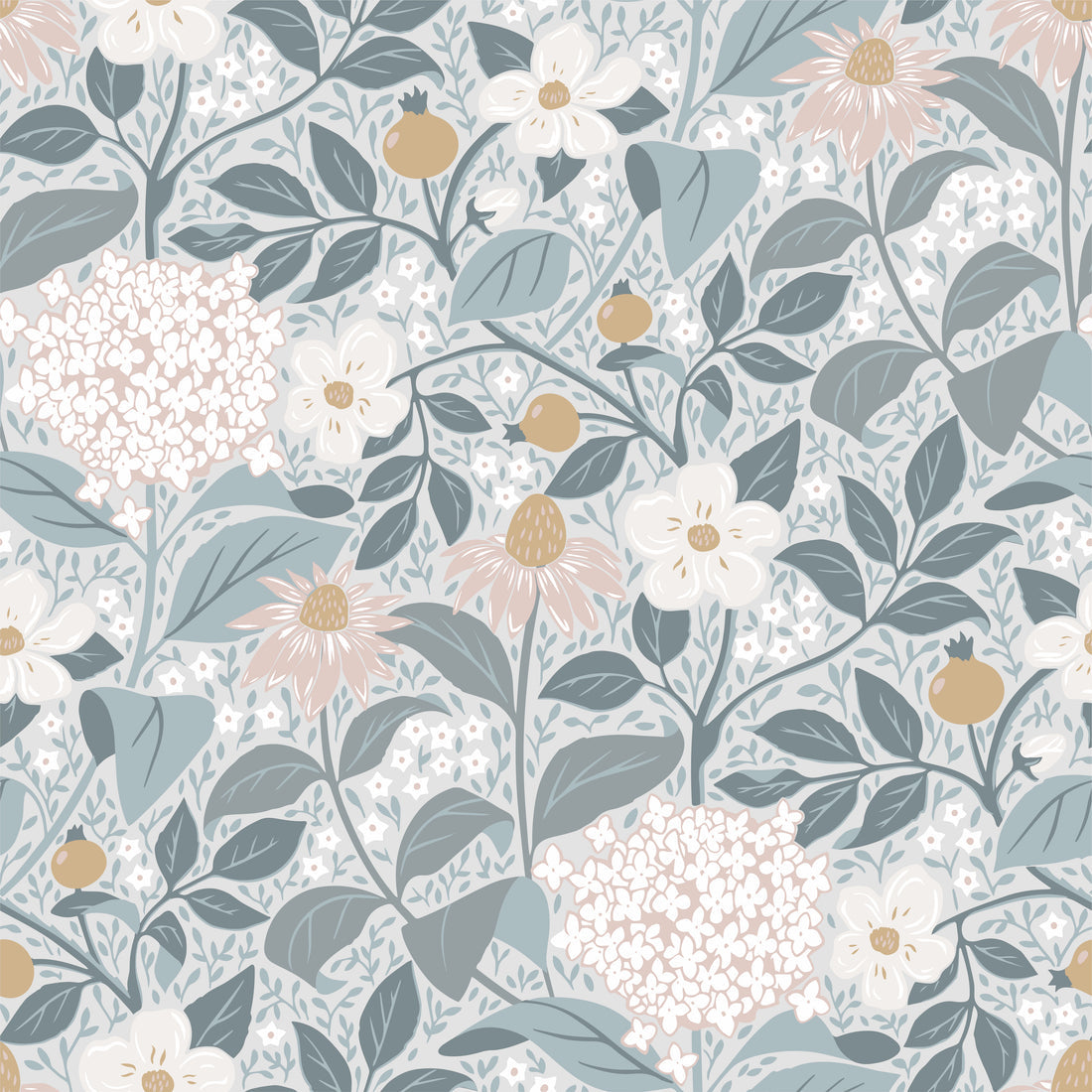 Summer’s Bloom Floral Wallpaper - Blue - Summer Gray
