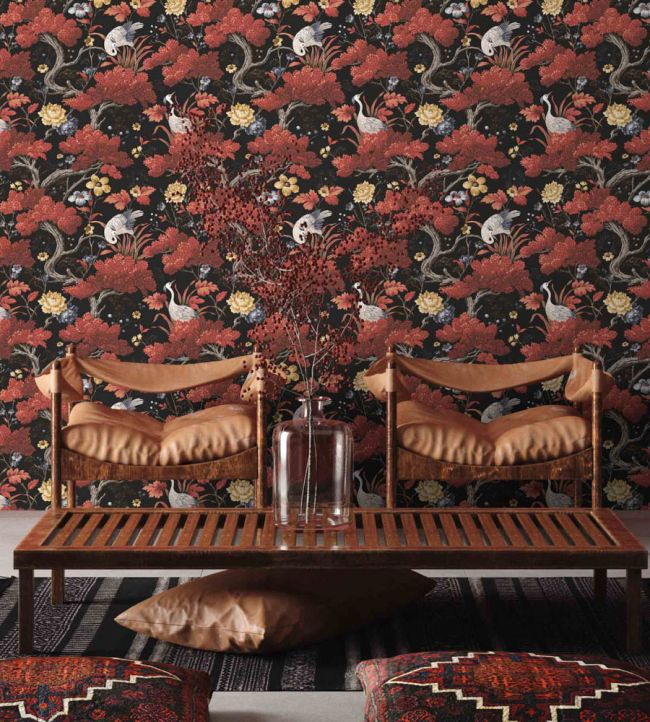 WM-121R - Crane Bird Wallpaper - Japanese Red - Woodchip & Magnolia
