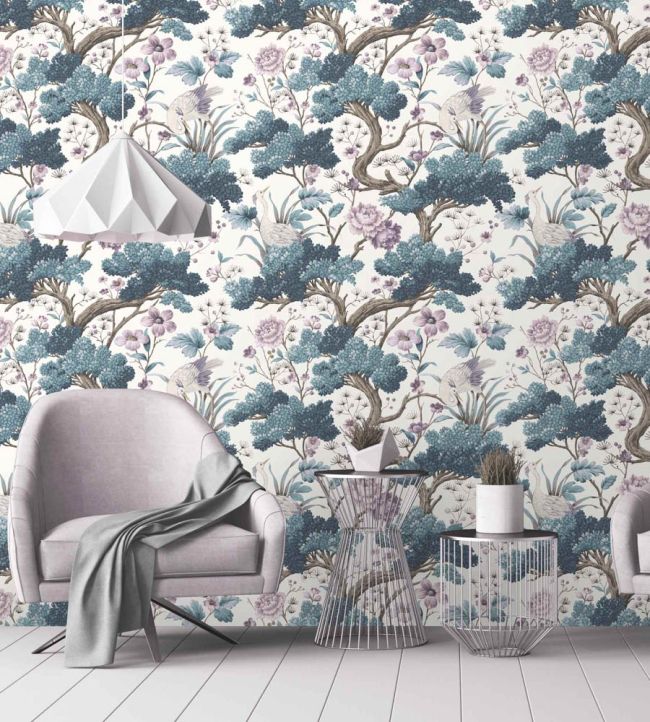WM-122R - Crane Bird Wallpaper - Japanese Blue - Woodchip & Magnolia

