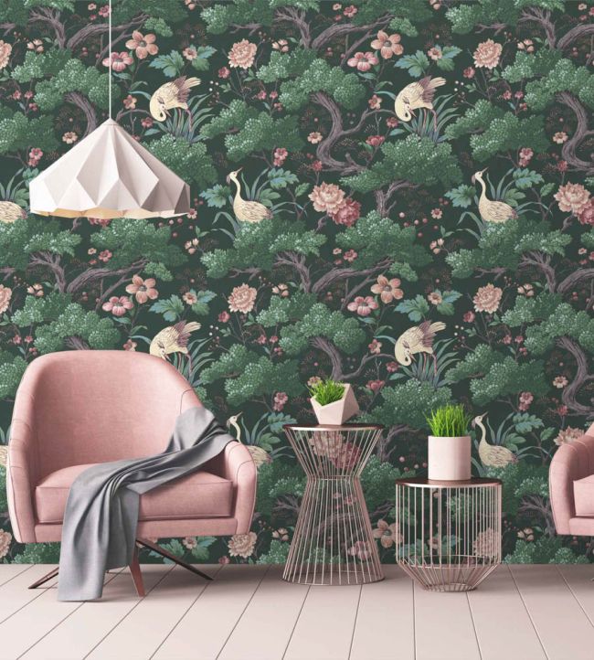 WM-124R - Crane Bird Wallpaper - Forest Green - Woodchip & Magnolia
