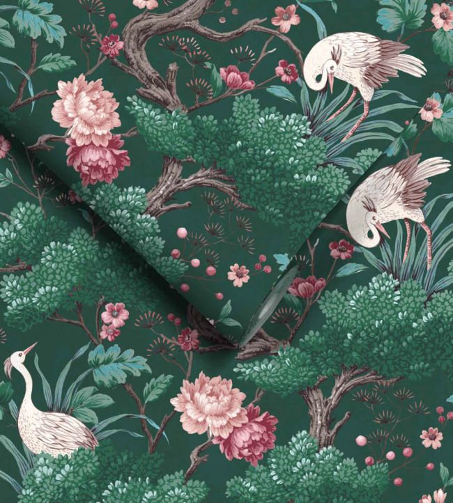 WM-124R - Crane Bird Wallpaper - Forest Green - Woodchip & Magnolia
