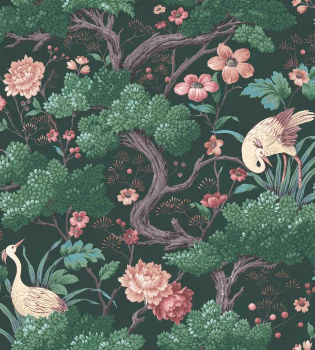 WM-124R - Crane Bird Wallpaper - Forest Green - Woodchip & Magnolia

