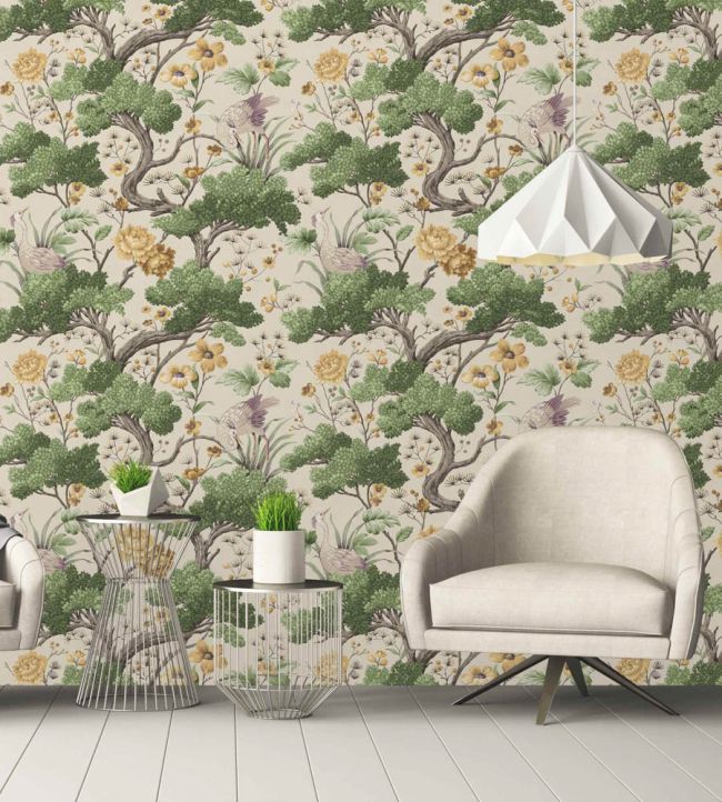 WM-125R - Crane Bird Wallpaper - Buttercup Yellow Cream - Woodchip & Magnolia
