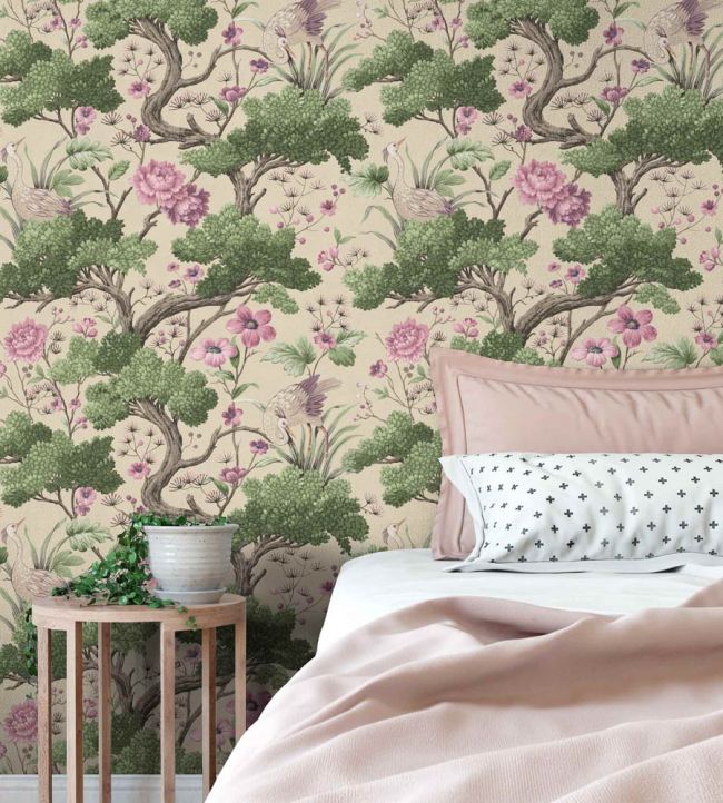 WM-171R - Crane Bird Wallpaper - Rose Pink Cream - Woodchip & Magnolia
