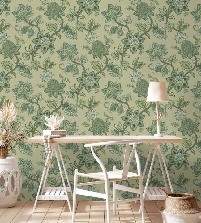 WM-367-06R - Doris Jacobean Wallpaper - Green On Green - Woodchip & Magnolia
