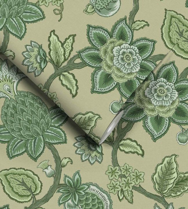 WM-367-06R - Doris Jacobean Wallpaper - Green On Green - Woodchip & Magnolia
