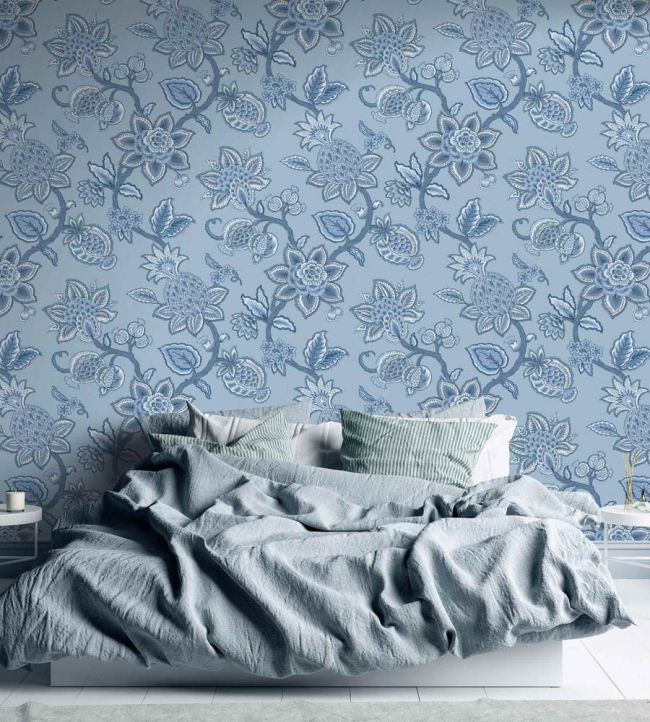 WM-367-07R - Doris Jacobean Wallpaper - Blue On Blue - Woodchip & Magnolia
