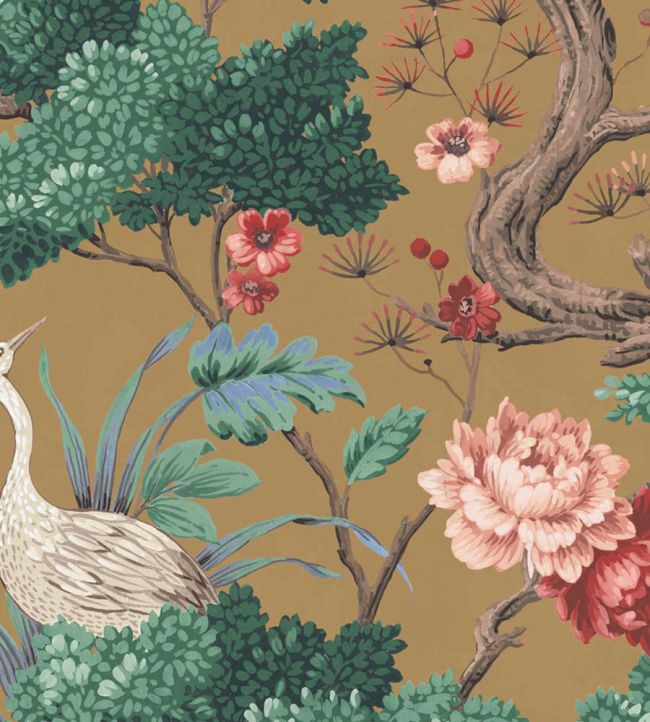 WMF-018-03VD - Crane Bird Fabric - Mustard - Woodchip & Magnolia
