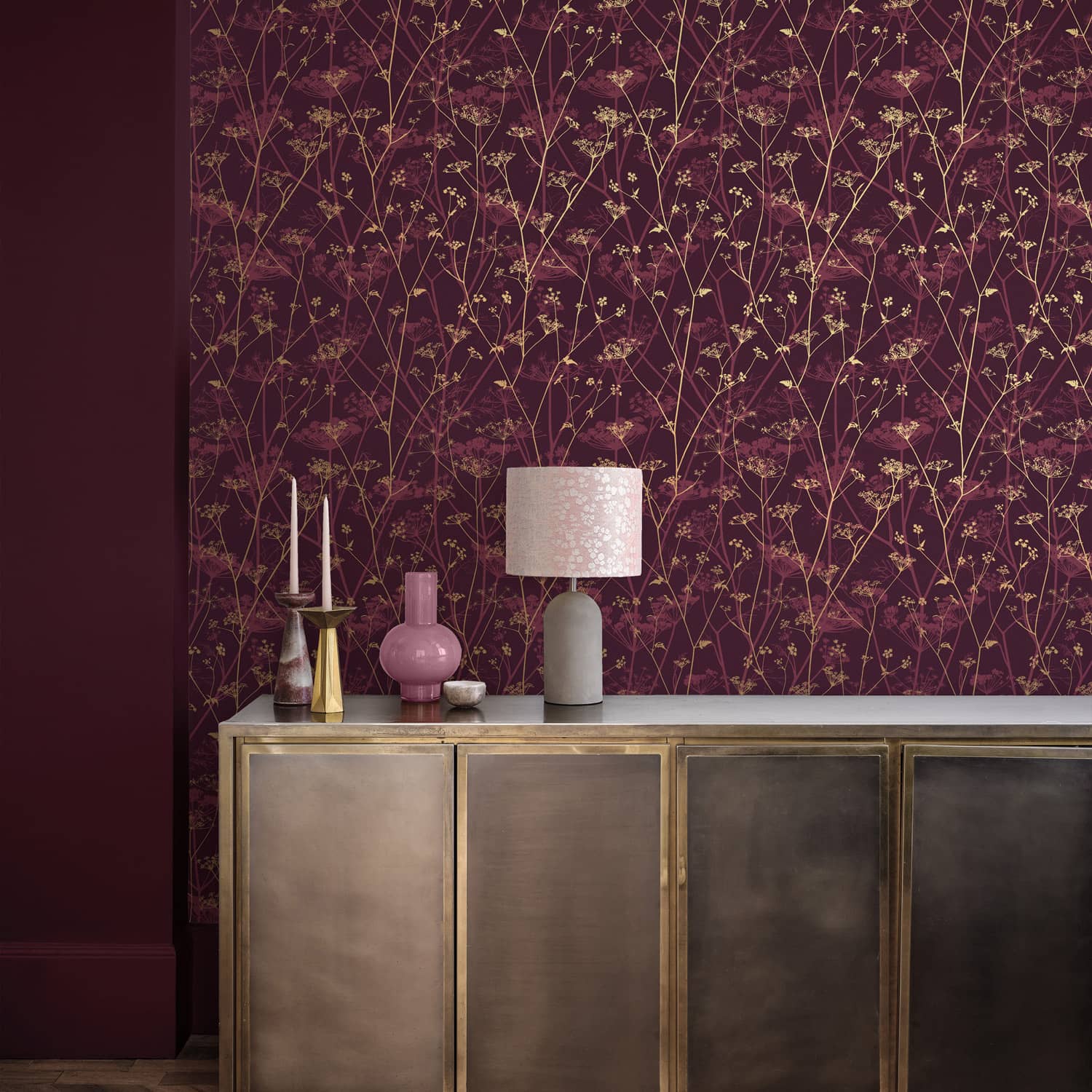 Wild Chervil Wallpaper - Damson & Gold - Clarissa Hulse