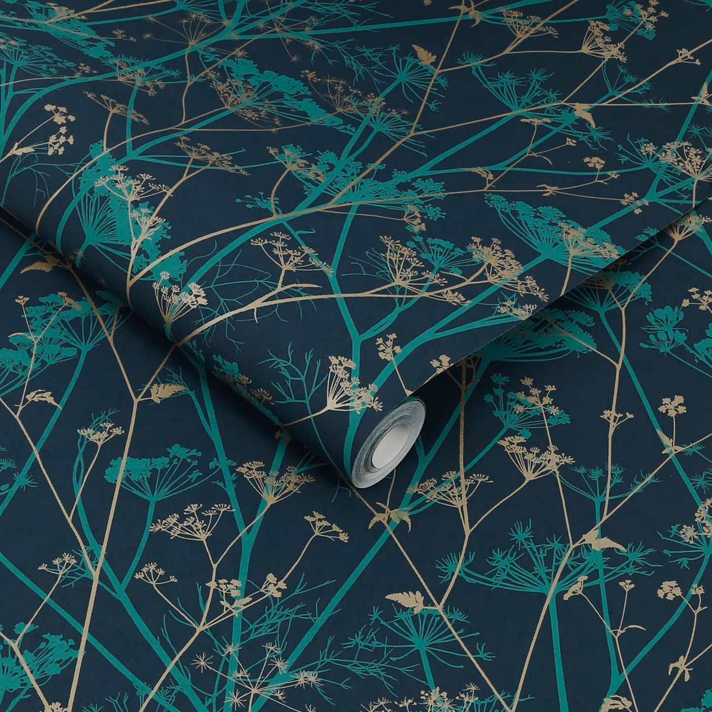 Wild Chervil Wallpaper - Kingfisher & Gold - Clarissa Hulse