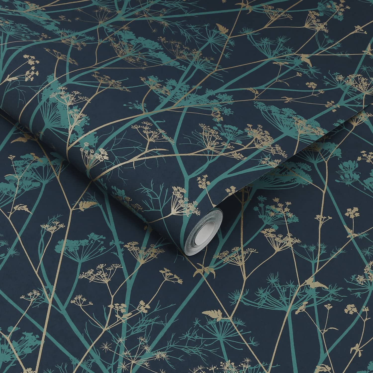 Wild Chervil Wallpaper - Kingfisher & Gold - Clarissa Hulse