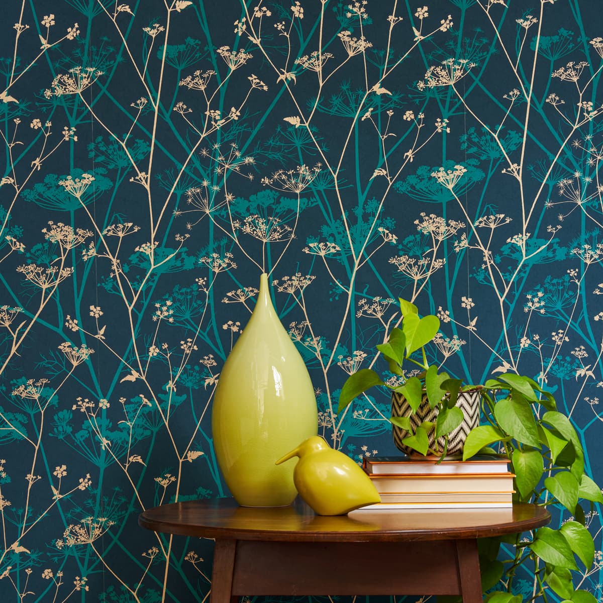 Wild Chervil Wallpaper - Kingfisher & Gold - Clarissa Hulse