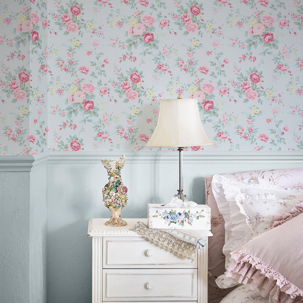 Wild Flower Wallpaper - Blue - Shabby Chic