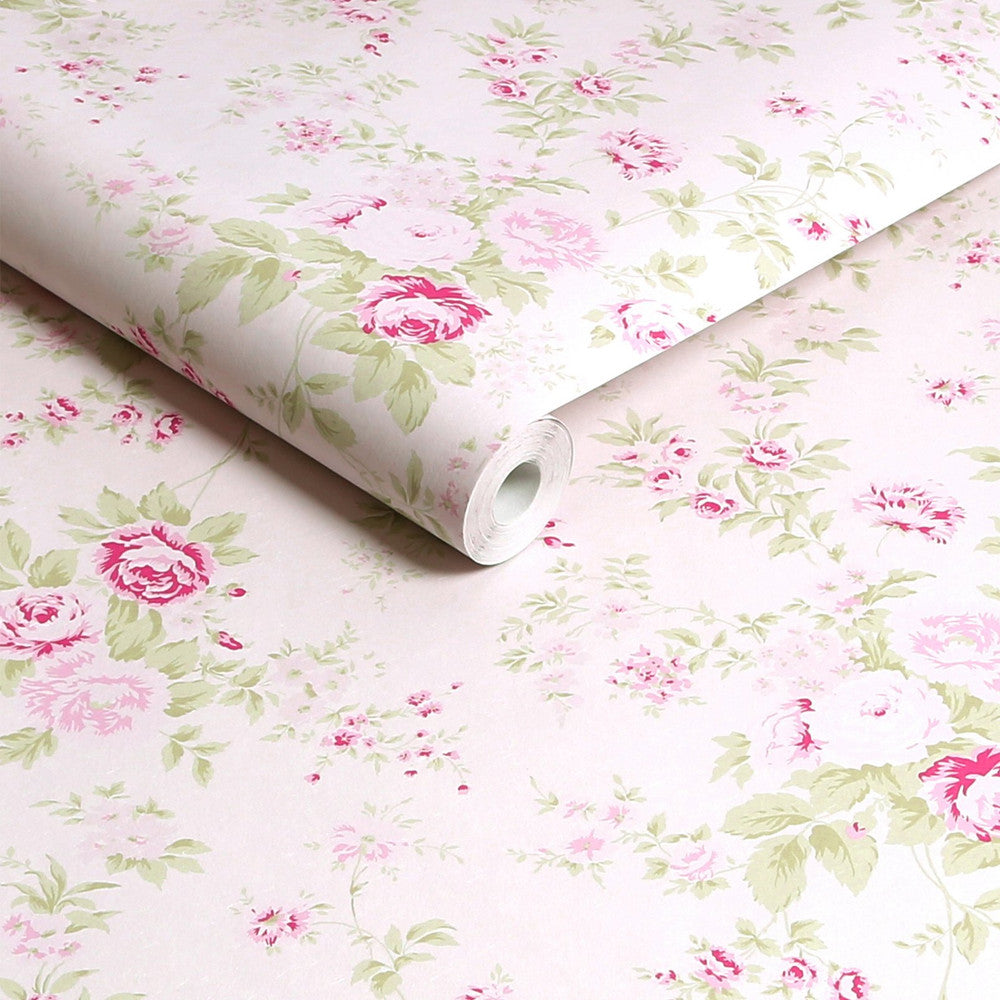 Wild Flower Wallpaper - Pink - Shabby Chic