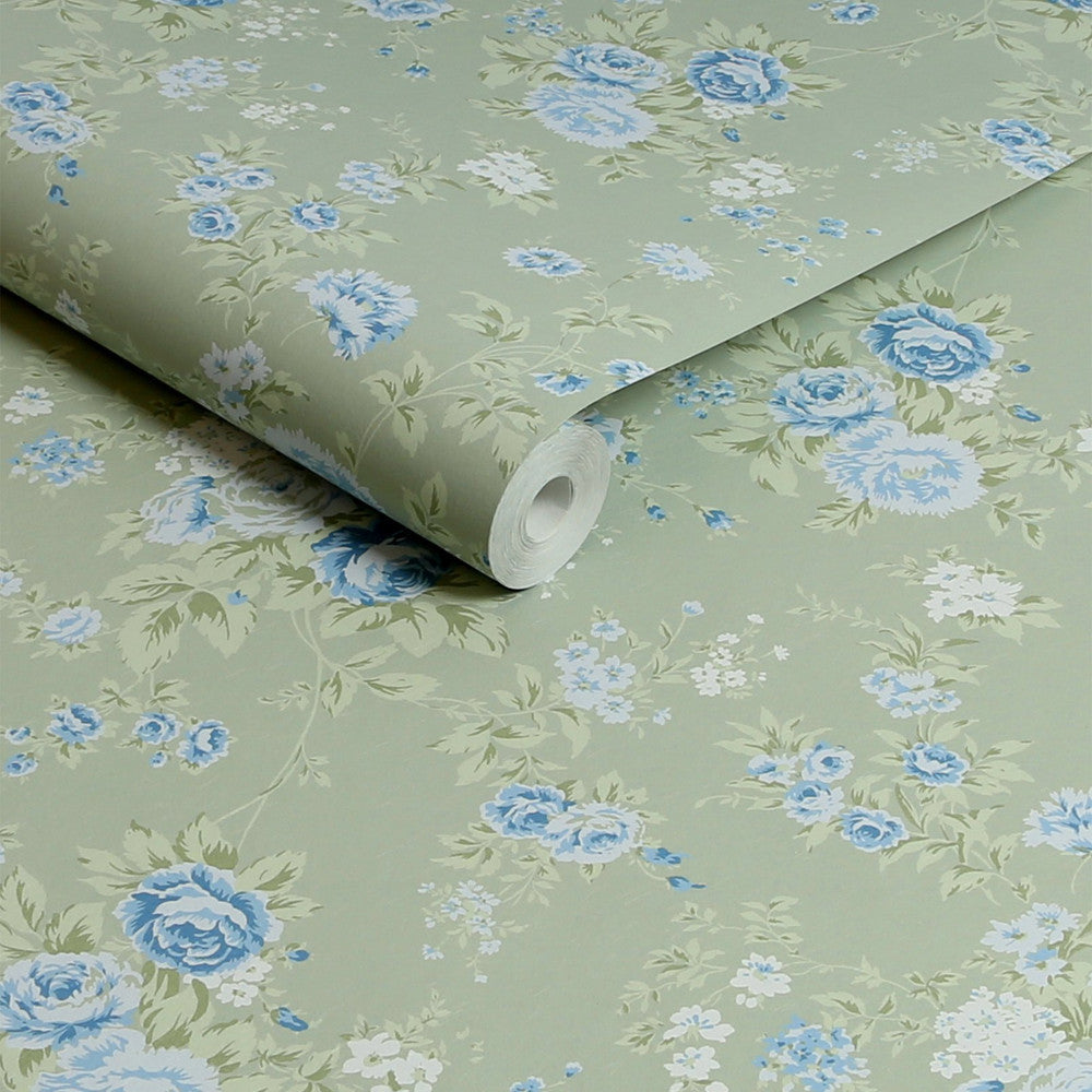 Wild Flower Wallpaper - Sage - Shabby Chic