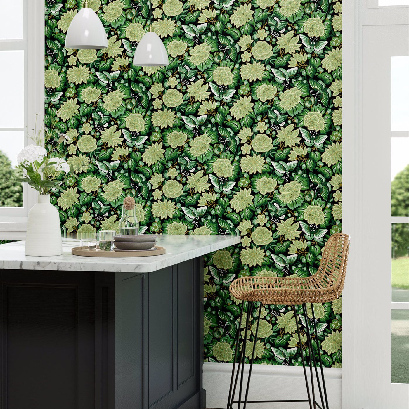 Amara Butterfly Wallpaper - Emerald/Ink Black - DWAW217117 - Sanderson