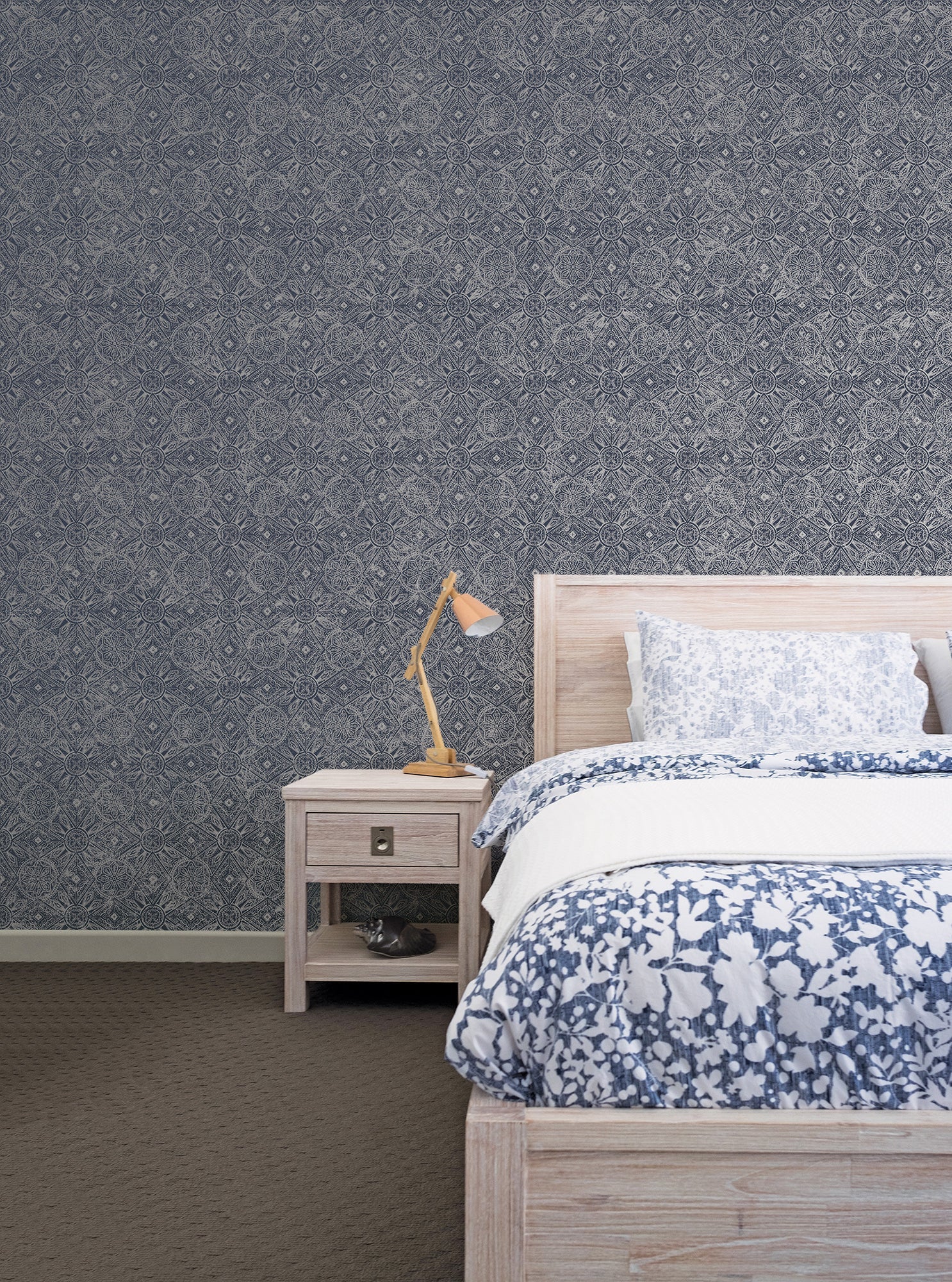 Bazaar Moroccan Print Wallpaper - Navy Blue / Silver - Galerie - G78317 - Premier Wallcovering