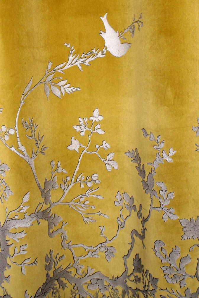 Birdbranch Velvet Panel Fabric - Black & Pale Gold on Honey - Timorous Beasties - BBP/8206/03 - Premier Wallcovering