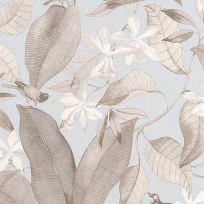 Birdsong Delicacy Wallpaper - Bleu And Taupe - Casadeco - 85382261 - Premier Wallcovering