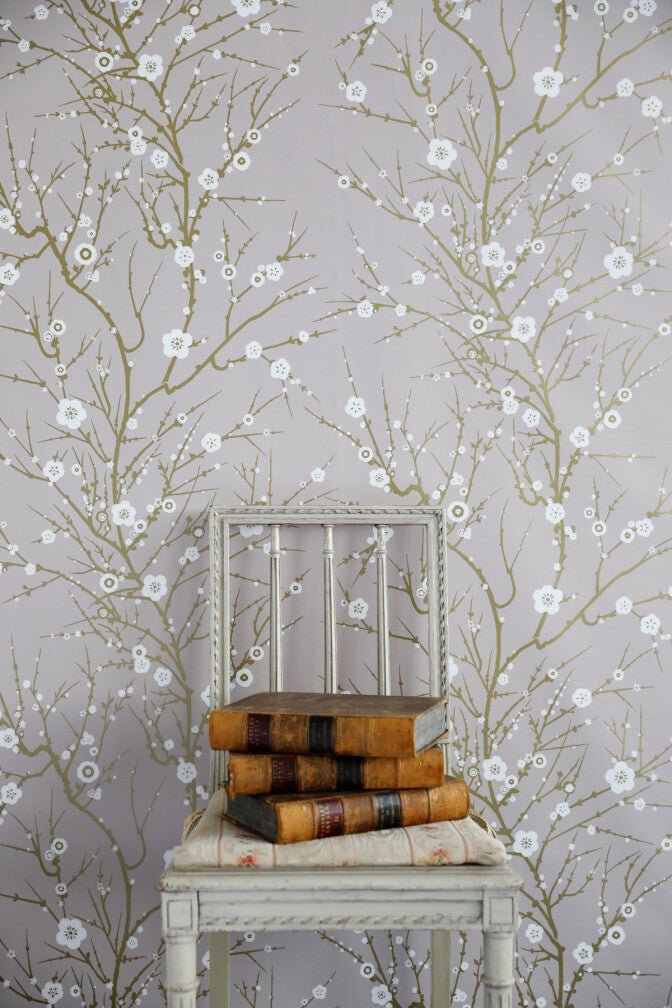 Blossom Branch Wallpaper - White & Gold on Dusky Pink - Timorous Beasties - EX/BLMB/6003/02 - Premier Wallcovering