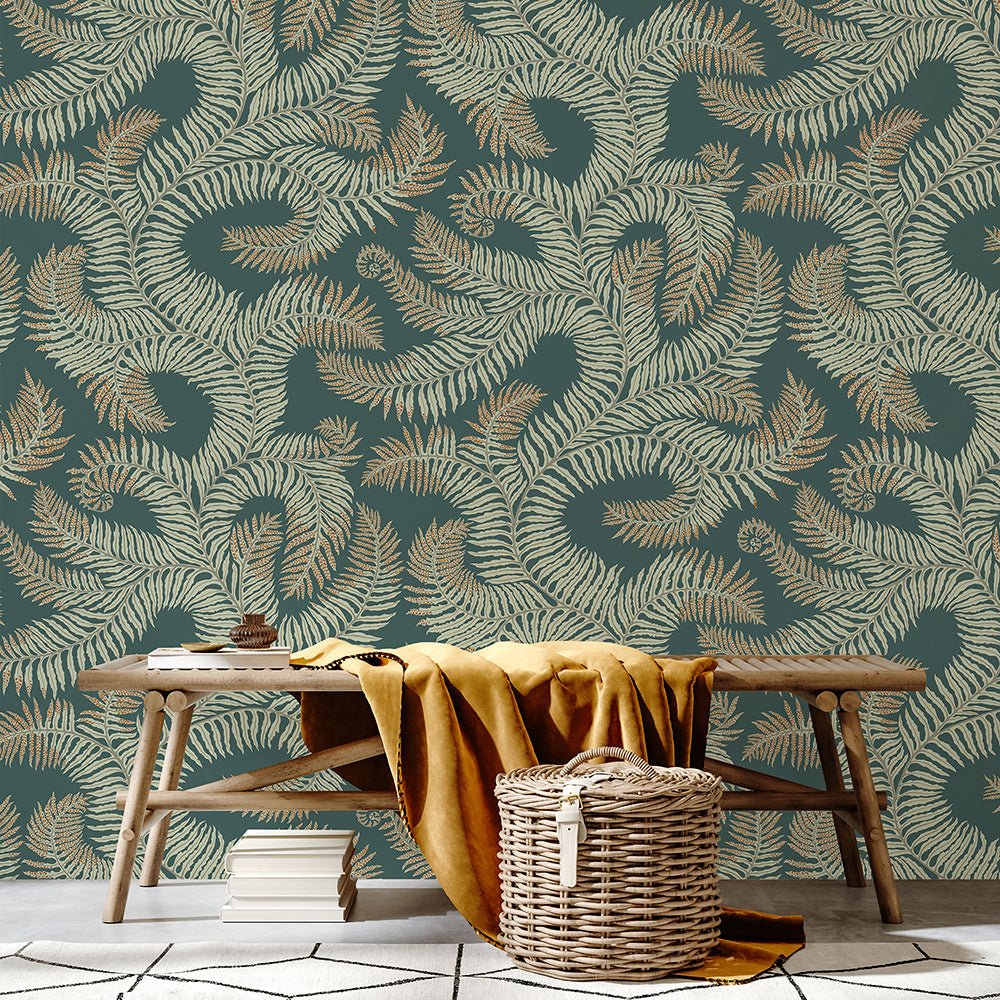 Bombe's Fernery Wallpaper - Teal and Orange - Josephine Munsey - JMW-100111 - Premier Wallcovering