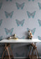 Butterfly Wallpaper - Blues & Silver on Pale Blue - Timorous Beasties - EX/BFLY/4232/06 - Premier Wallcovering
