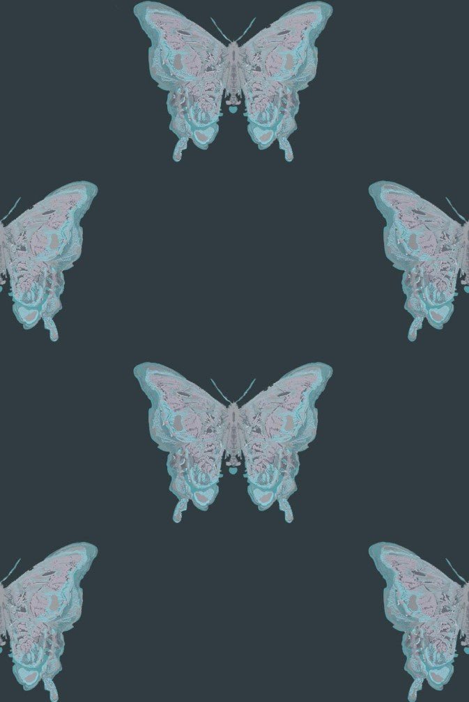 Butterfly Wallpaper - Blues & Silver on Black - Timorous Beasties - EX/BFLY/4007/03 - Premier Wallcovering