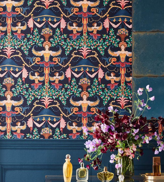 Chamber Angels Wallpaper - Denim, Red & Marigold on Ink - 118/12027 - Cole & Son - Premier Wallcovering