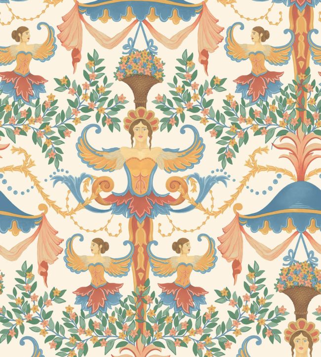 Chamber Angels Wallpaper - Cerulean Sky, Rouge & Marigold on Parchment - 118/12028 - Cole & Son - Premier Wallcovering