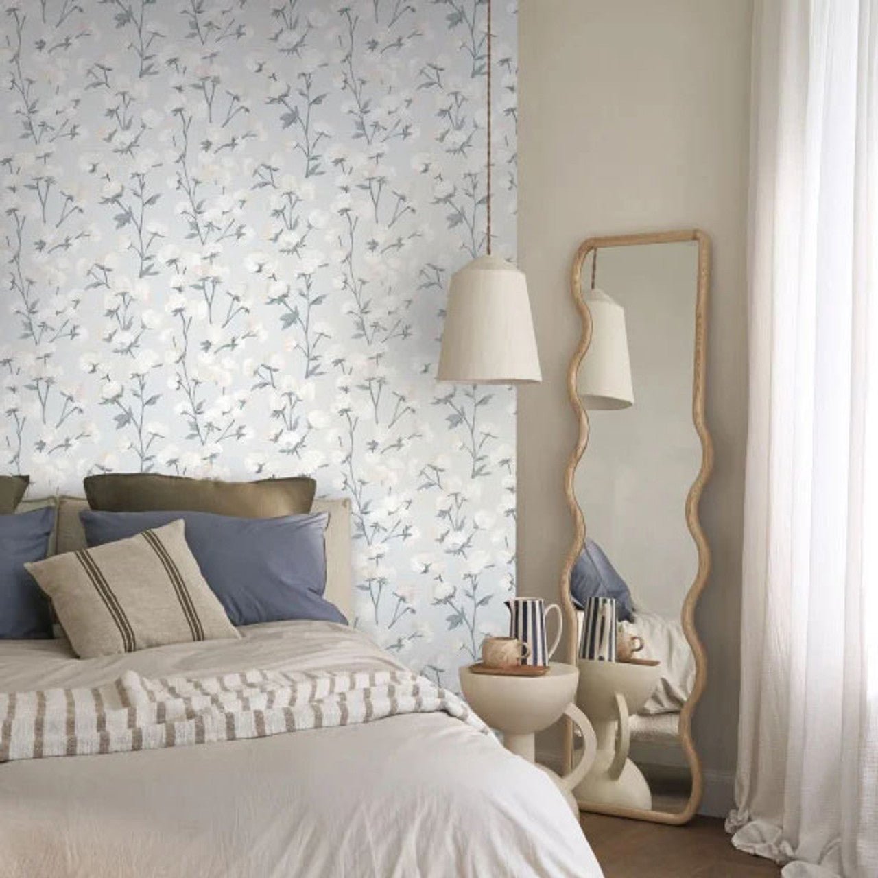 Cotton Flower Soliflore Wallpaper - Bleu Acier - Casadeco - 200296226 - Premier Wallcovering