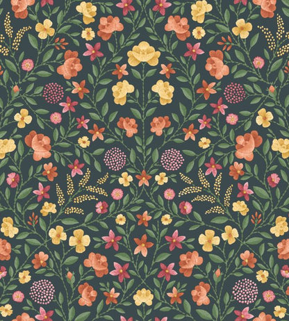 Court Embroidery Wallpaper - Marigold, Tangerine & Red on Charcoal - 118/13031 - Cole & Son - Premier Wallcovering