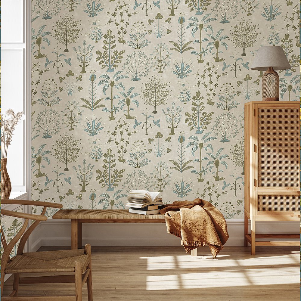 Cynthia Wallpaper - Stone, Light Blue and Olive - Josephine Munsey - JMW-102341 - Premier Wallcovering