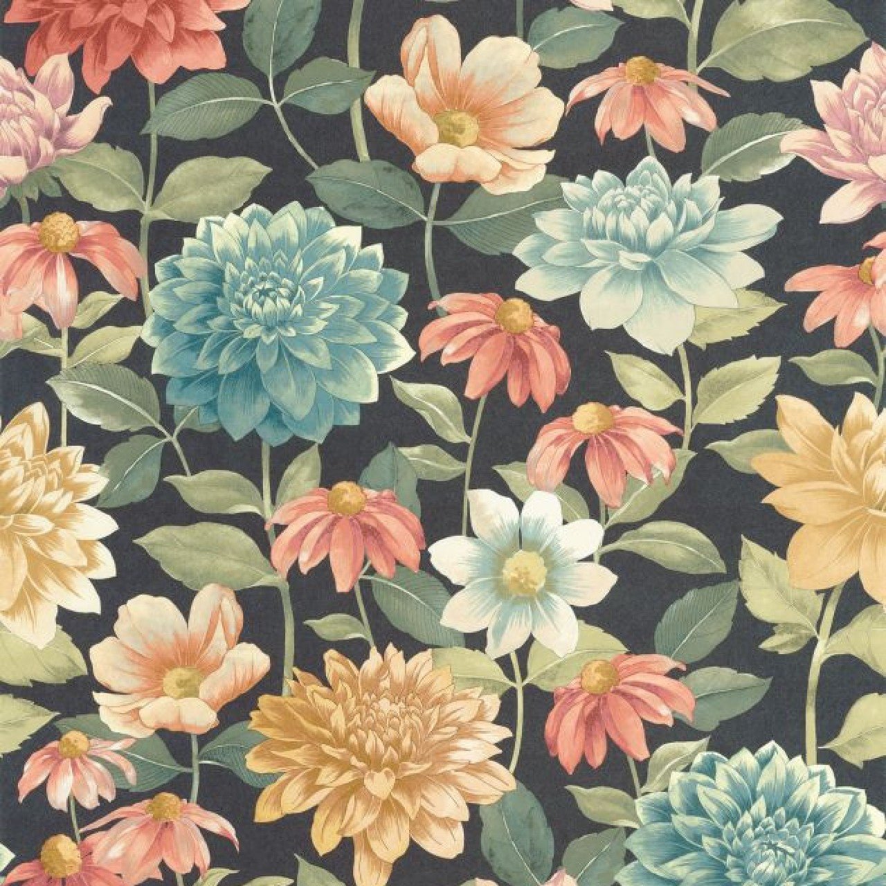 Dahlia Gardens Wallpaper - Bouquet Fond Noir - Casadeco - 87669568 - Premier Wallcovering