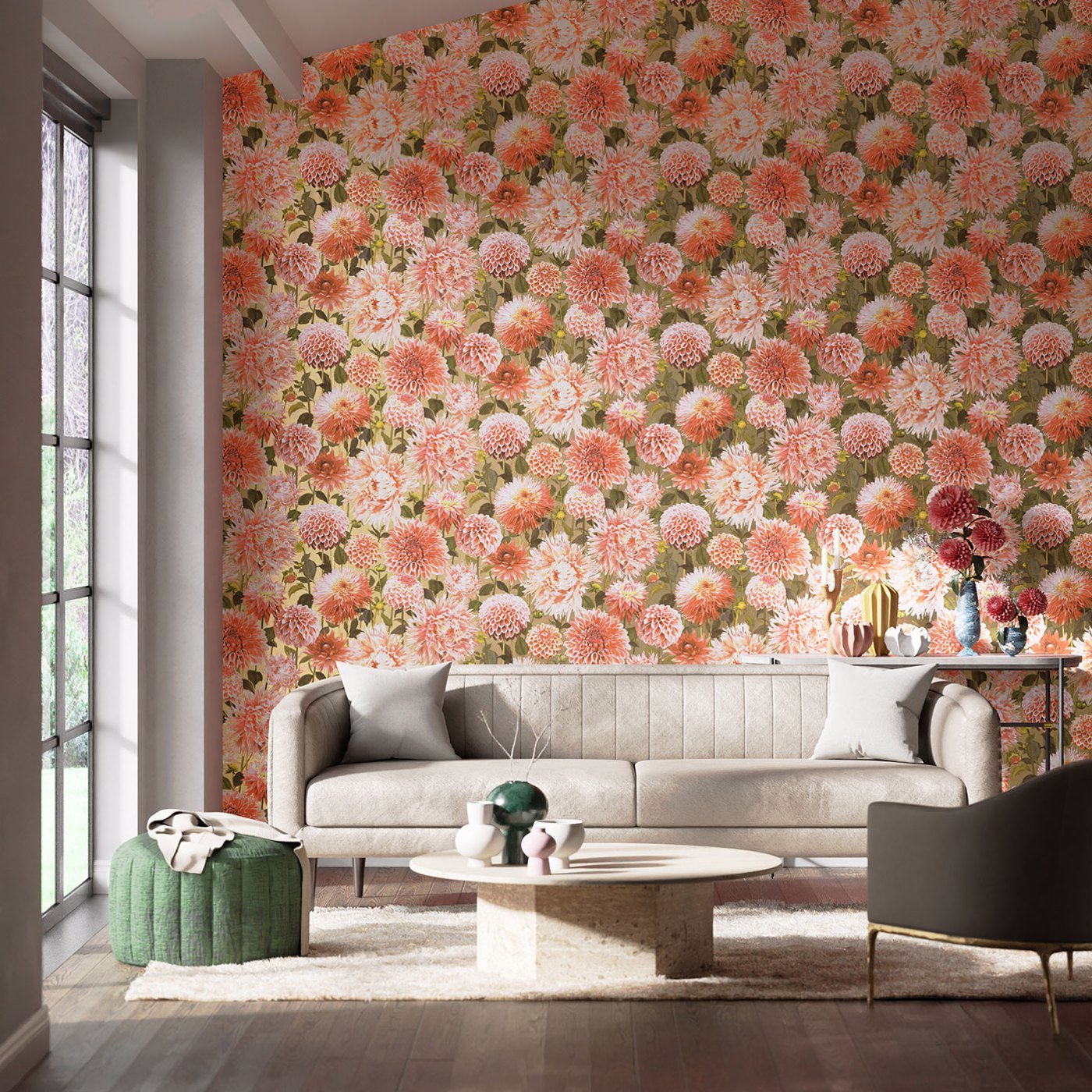 Dahlia Wallpaper - Coral/Fig Leaf/Gilver - Harlequin - HQN2112845
