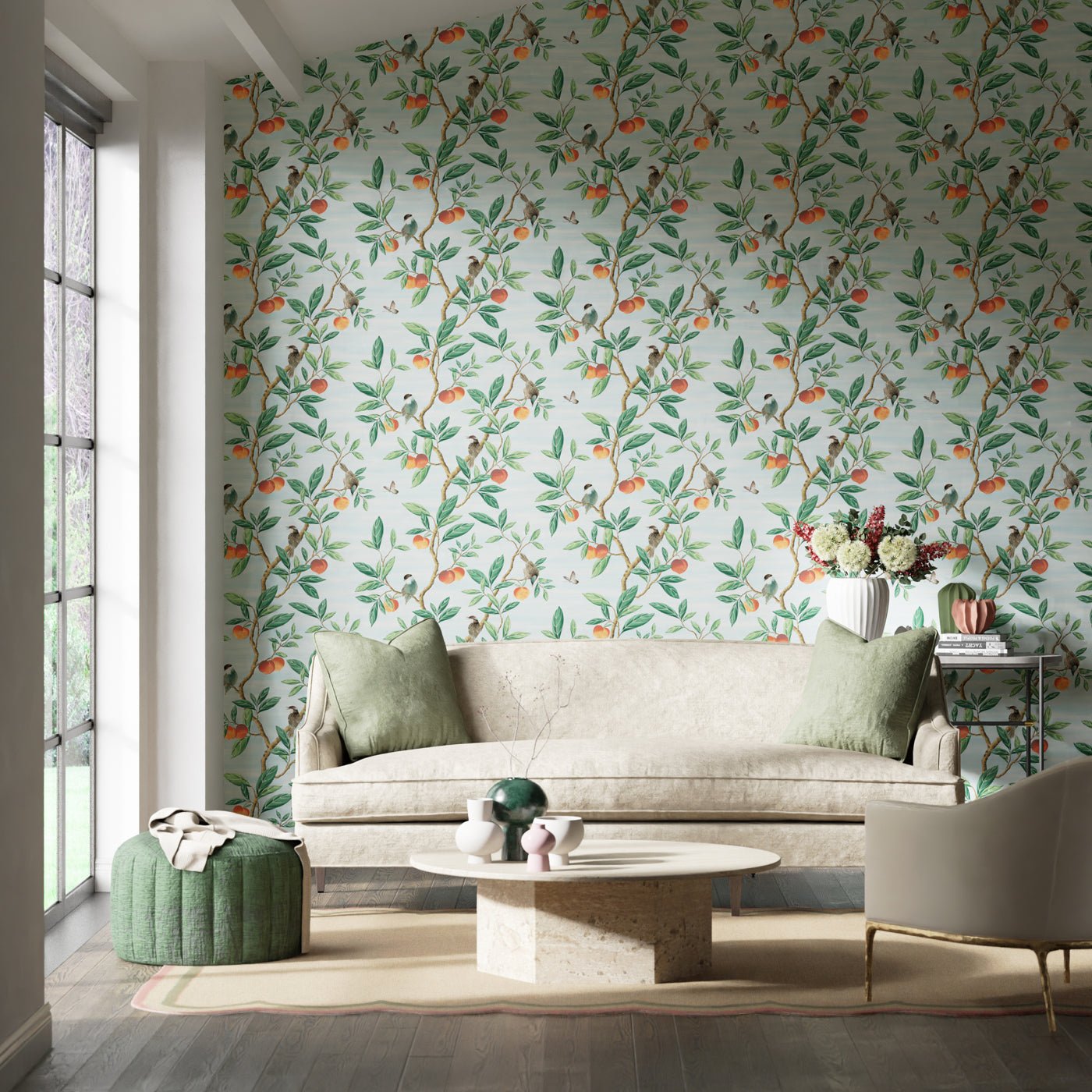 Ella Wallpaper - Sky/Fig Leaf/ Nectarine - Harlequin - HDHW112908