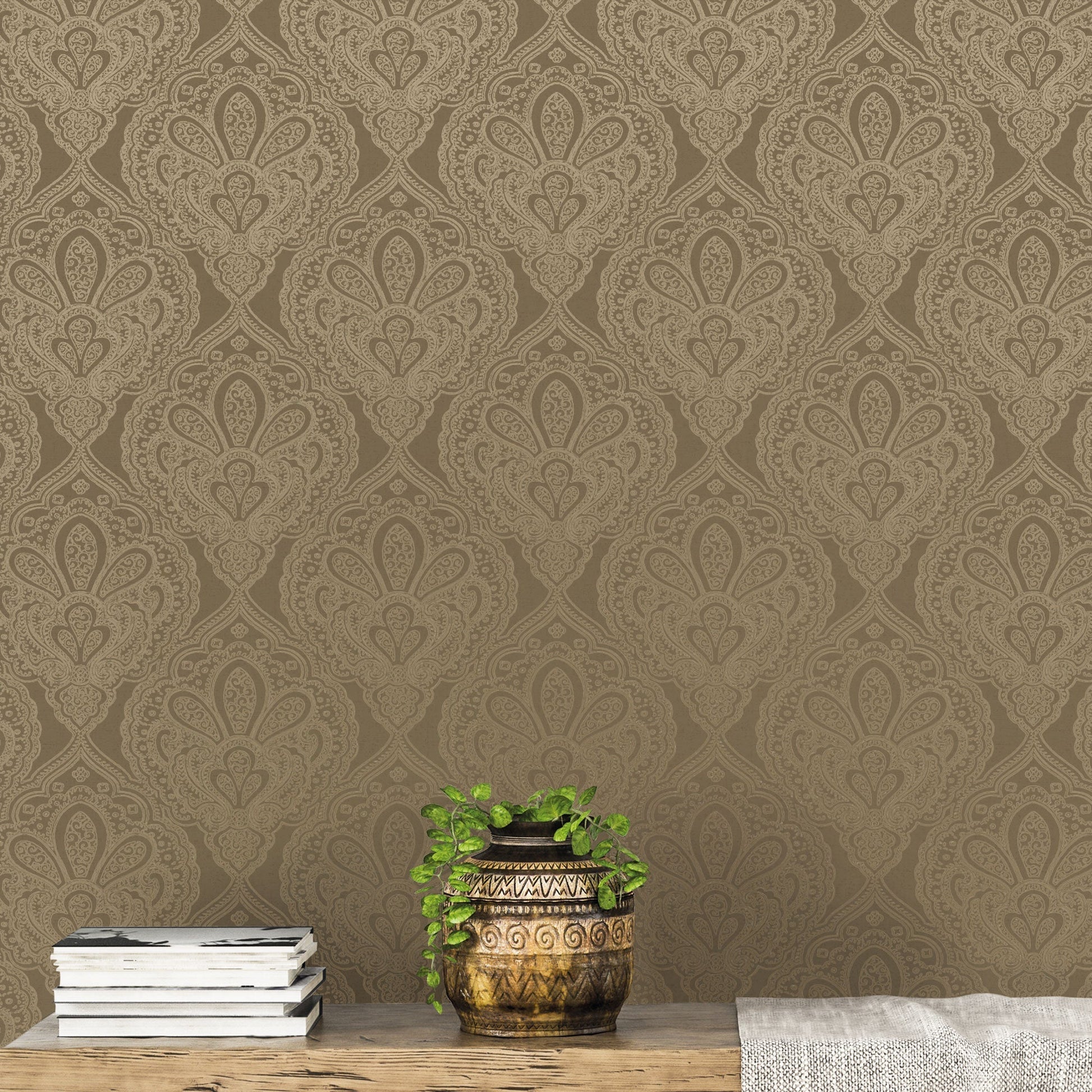 Emporium Mehndi Damask Wallpaper - Gold - Galerie - DWP0247 - 07 - Premier Wallcovering