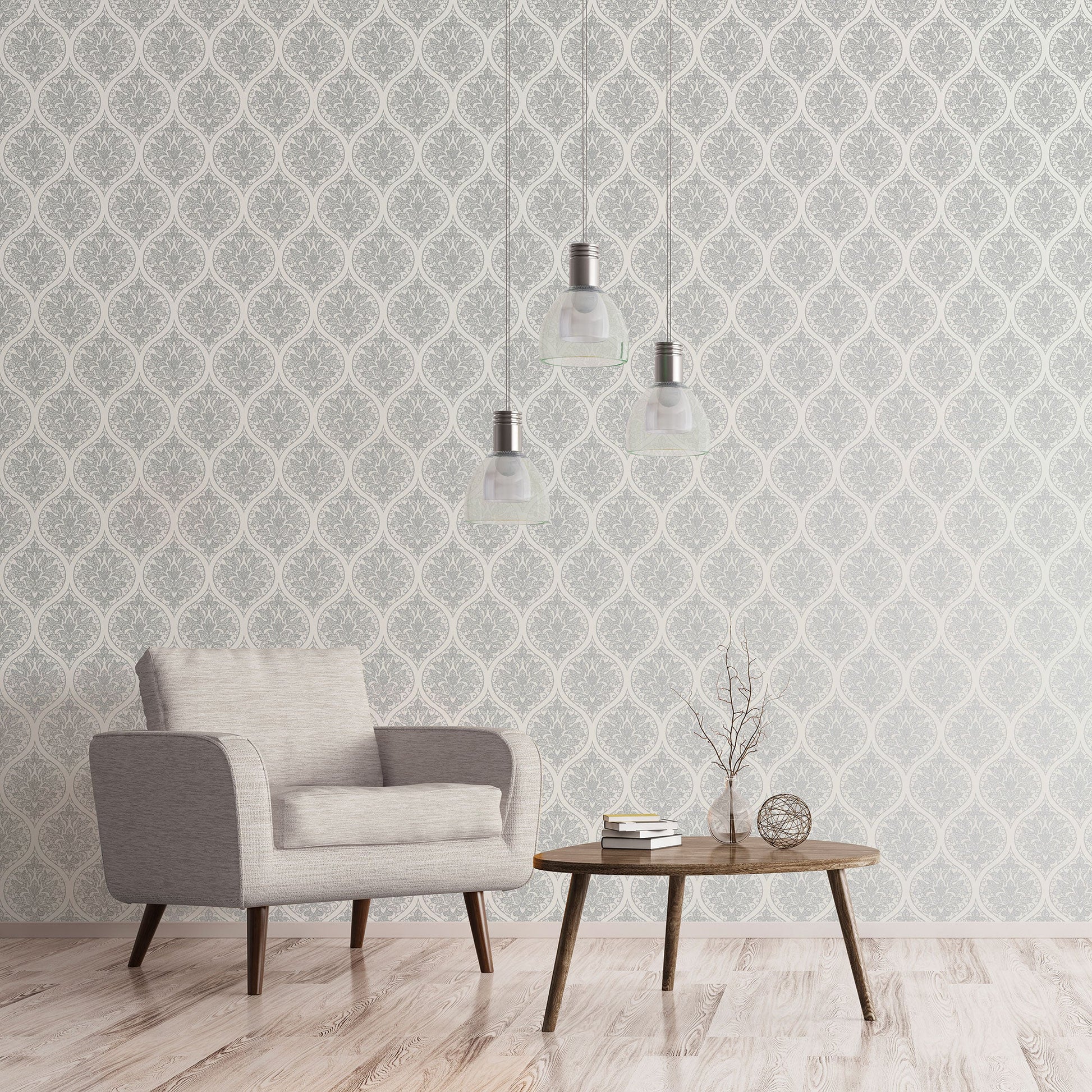 Emporium Ogee Wallpaper - Cream / Silver - Galerie - 7002 - Premier Wallcovering