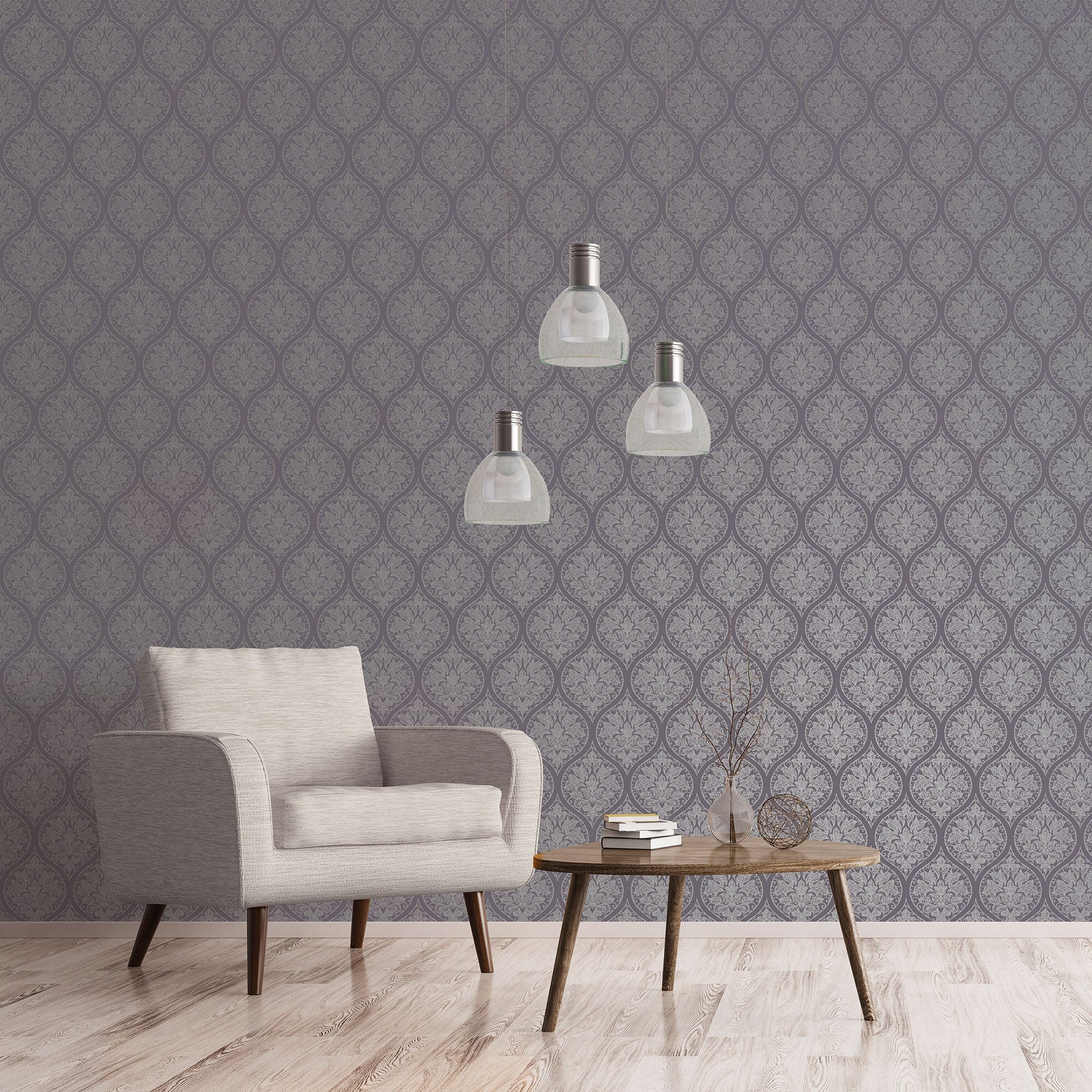 Emporium Ogee Wallpaper - Purple / Silver - Galerie - 7008 - Premier Wallcovering