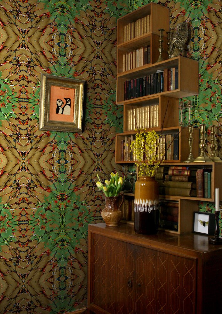 Ex Libris Wallpaper - Grass on Old Gold - Timorous Beasties - ROR/XLIB/PRL/02 - Premier Wallcovering