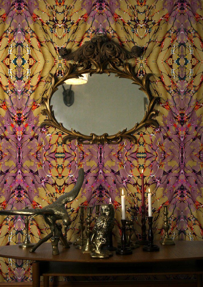 Ex Libris Wallpaper - Wine on Old Gold - Timorous Beasties - ROR/XLIB/PRL/01 - Premier Wallcovering