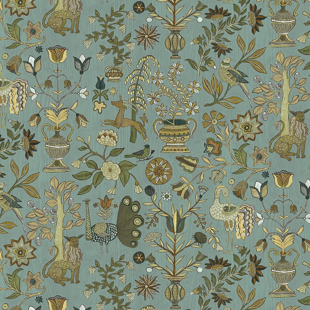 Fable Garden Wallpaper - Mid Blue and Olive - Josephine Munsey - JMW-104531 - Premier Wallcovering