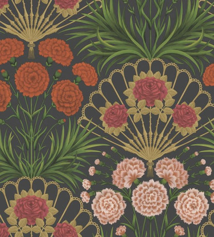 Flamenco Fan Wallpaper - Cerise, Dark Tangerine & Metallic Gold on Black - 117/14043 - Cole & Son - Premier Wallcovering
